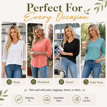 Women's 3/4 Sleeve Lace V-Neck Tunic Top – Elegant Business Casual Blouse