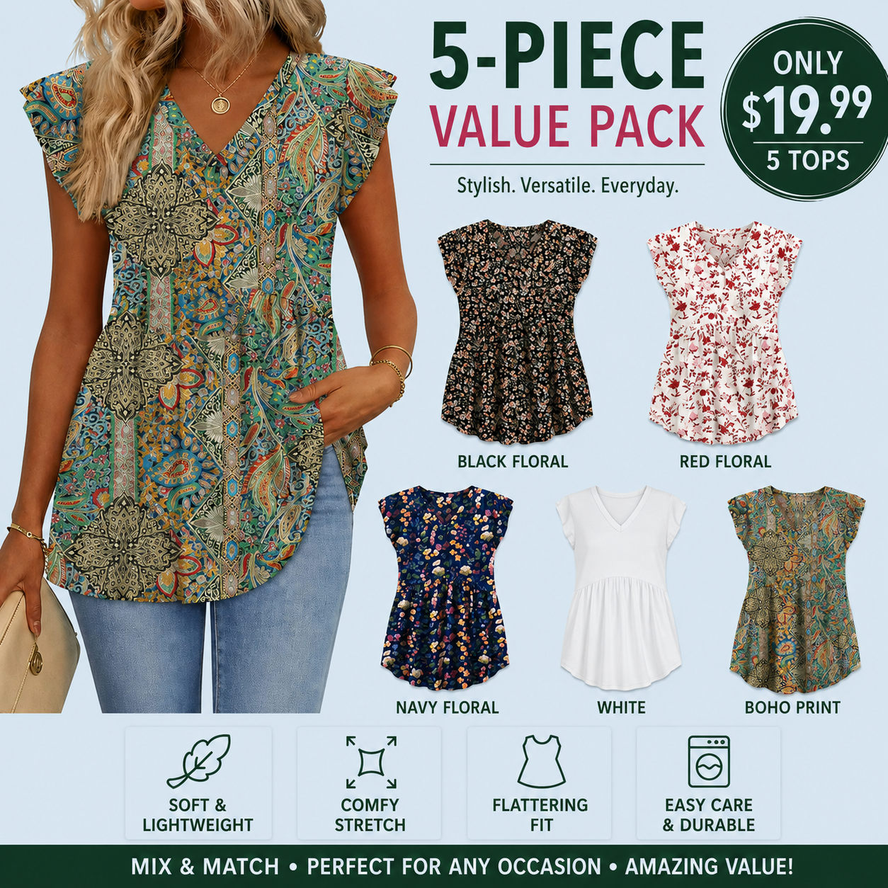Women's Summer Babydoll Tops – Flowy V-Neck Casual Blouses with Flutter Sleeves