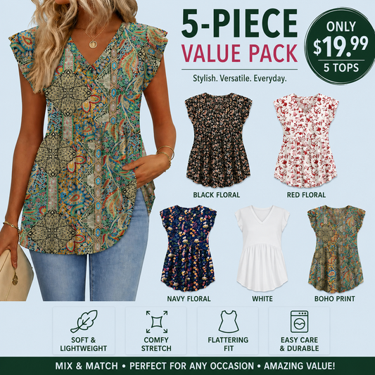 Women's Summer Babydoll Tops – Flowy V-Neck Casual Blouses with Flutter Sleeves