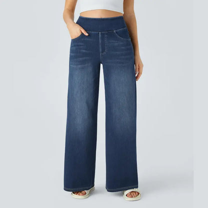 Women's High-Waisted Washed Baggy Wide-Leg Stretchy Knit Jeans with Multiple Pockets – Comfortable Casual Denim, Minimalist Design