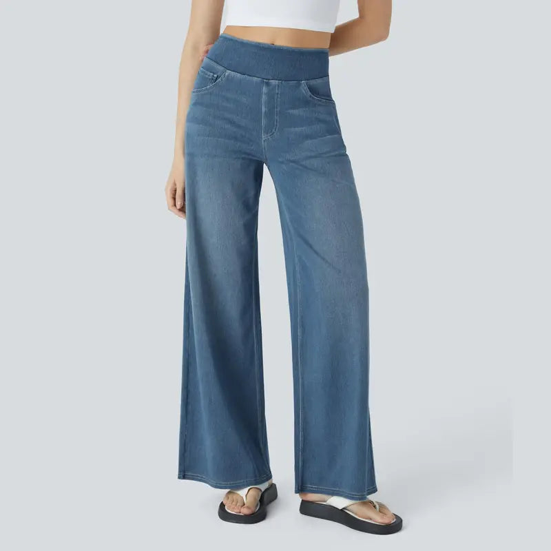 Women's High-Waisted Washed Baggy Wide-Leg Stretchy Knit Jeans with Multiple Pockets – Comfortable Casual Denim, Minimalist Design