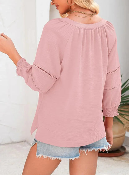 ⏰Limited time sale 50% Off!!🔥🔥 Womens 3/4 Lantern Sleeve Casual V- Neck T-Shirts Pleated Loose Hollow- Out Blouse