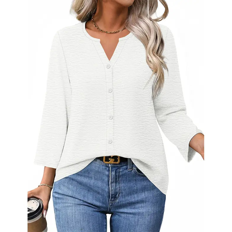 Effortless Elegance – Women's V-Neck Button-Down Blouse
