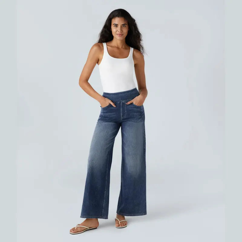Women's High-Waisted Washed Baggy Wide-Leg Stretchy Knit Jeans with Multiple Pockets – Comfortable Casual Denim, Minimalist Design