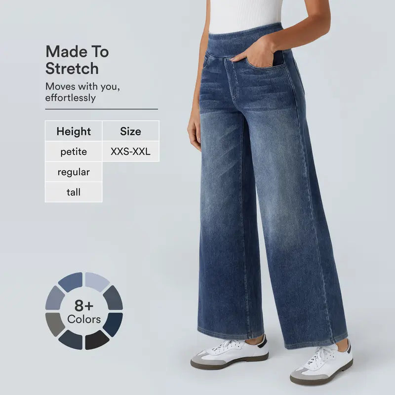 Women's High-Waisted Washed Baggy Wide-Leg Stretchy Knit Jeans with Multiple Pockets – Comfortable Casual Denim, Minimalist Design