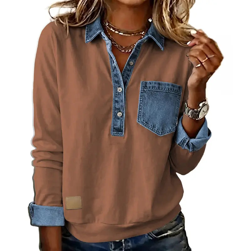 Women's denim collared patchwork hoodie, half-button casual pullover with chest pocket. Loose long-sleeved style - Autumn fashion item - Everyday wear hoodie top