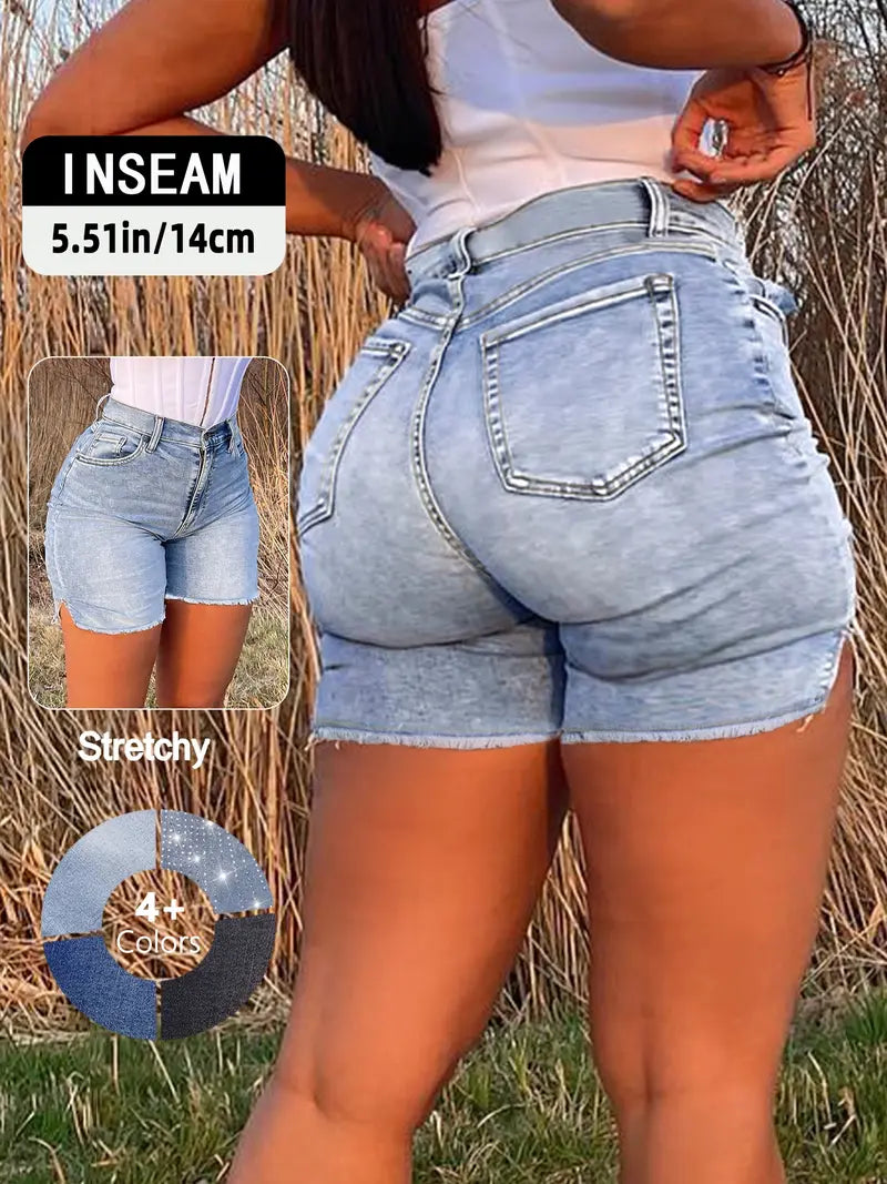 Women's Vintage Y2K High-Waisted Denim Shorts with Side Slit & Frayed Hem