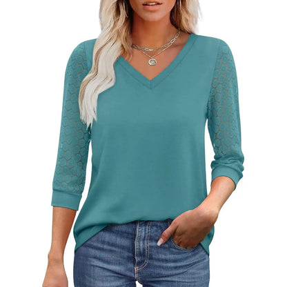 Women's 3/4 Sleeve Lace V-Neck Tunic Top – Elegant Business Casual Blouse