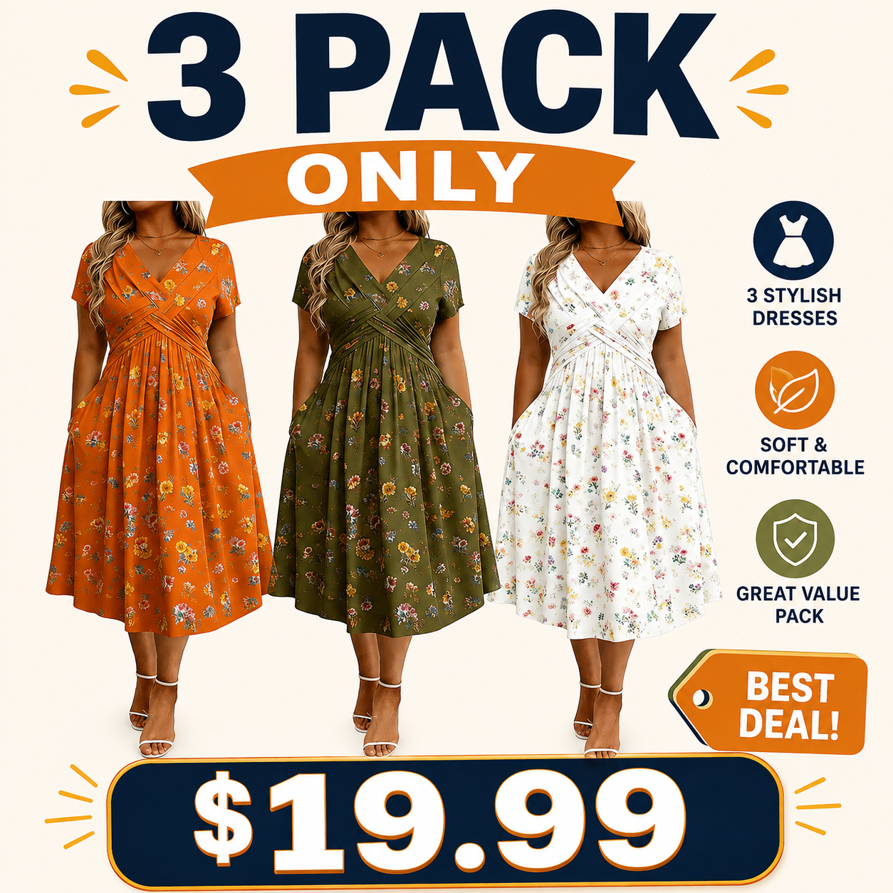 Floral V-neck dress with   a twist at the waist—   elegant and casual for   any occasion