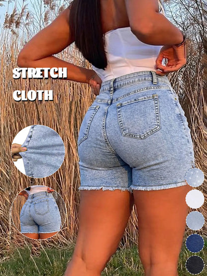 Women's Vintage Y2K High-Waisted Denim Shorts with Side Slit & Frayed Hem