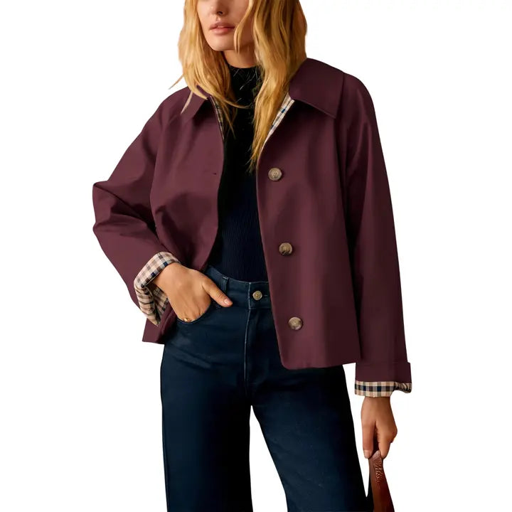 Women's Cropped Trench Jacket – Oversized Casual Coat with Checkered Cuffs