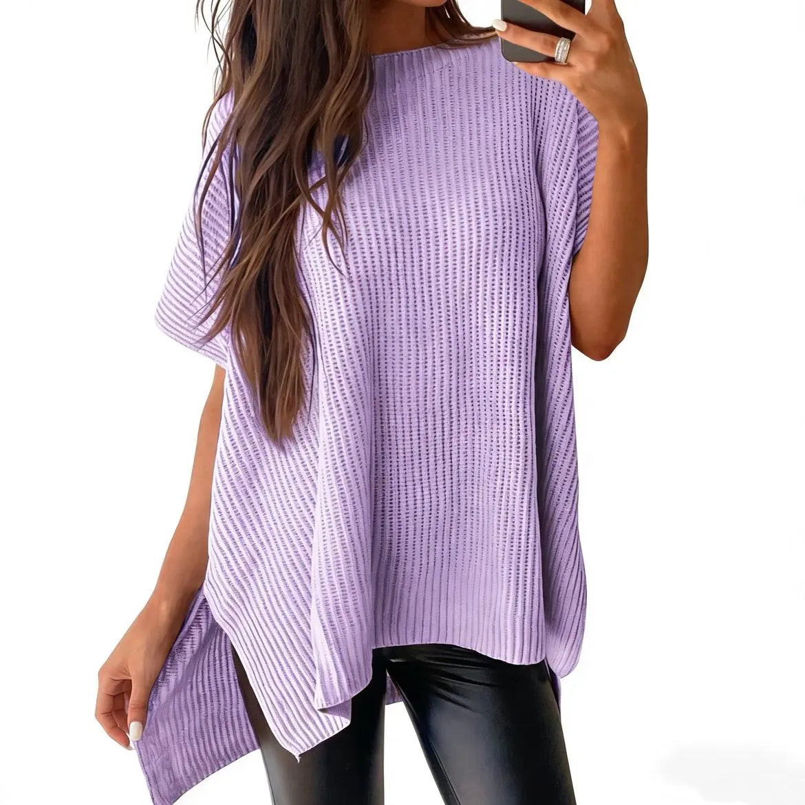 Women's Casual Oversized Solid Knit Pullover Sweater with Puff Short Sleeves