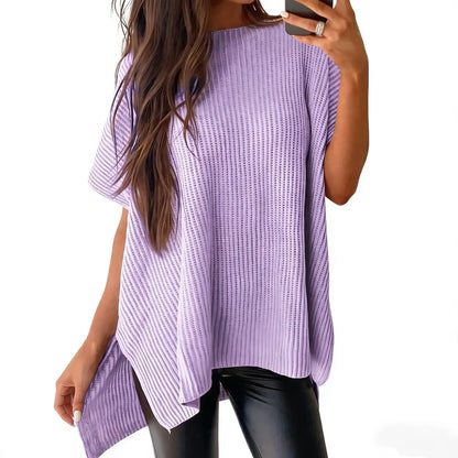 Women's Casual Oversized Solid Knit Pullover Sweater with Puff Short Sleeves
