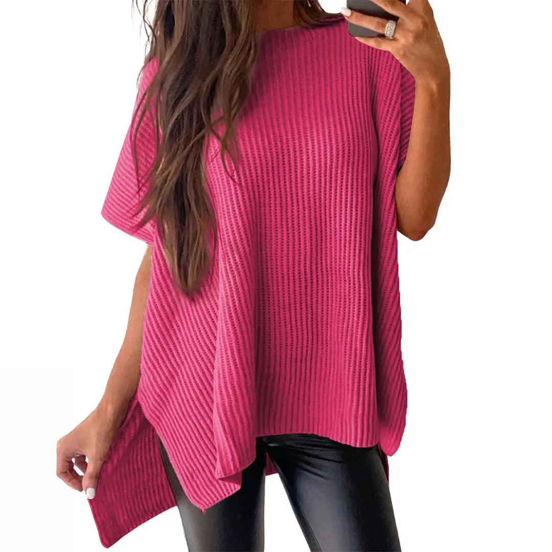 Women's Casual Oversized Solid Knit Pullover Sweater with Puff Short Sleeves