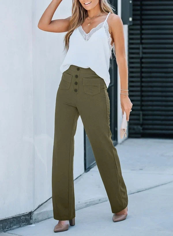 Women's High-Waisted Stretch Pants – Comfortable Straight-Leg Pants with Pockets