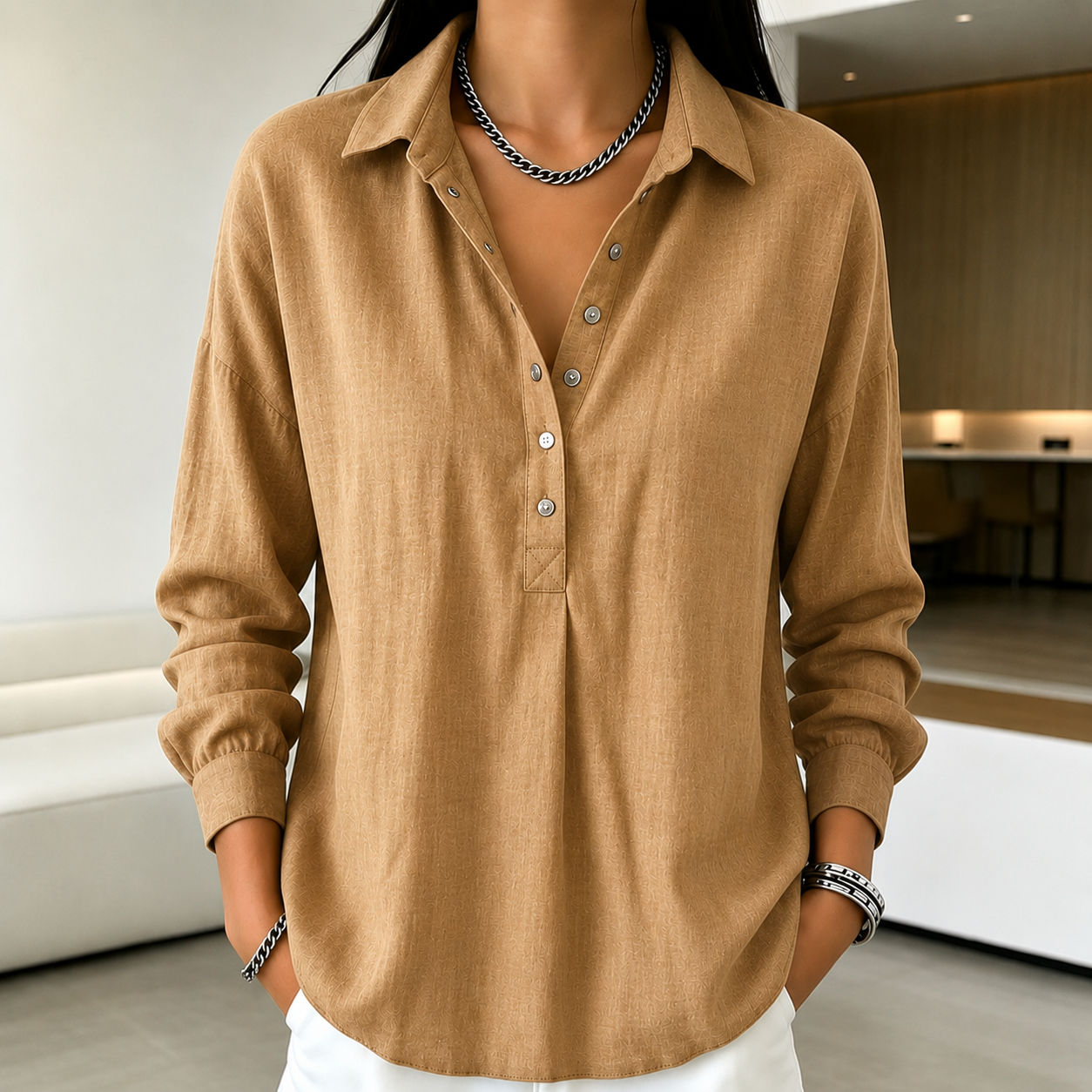 Women's Casual Loose Half-Button Shirt