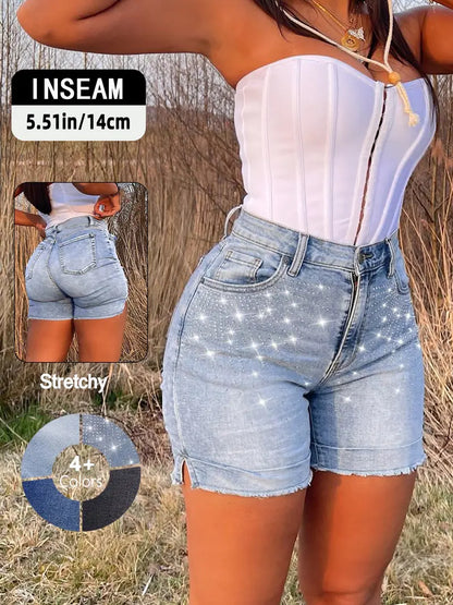 Women's Vintage Y2K High-Waisted Denim Shorts with Side Slit & Frayed Hem