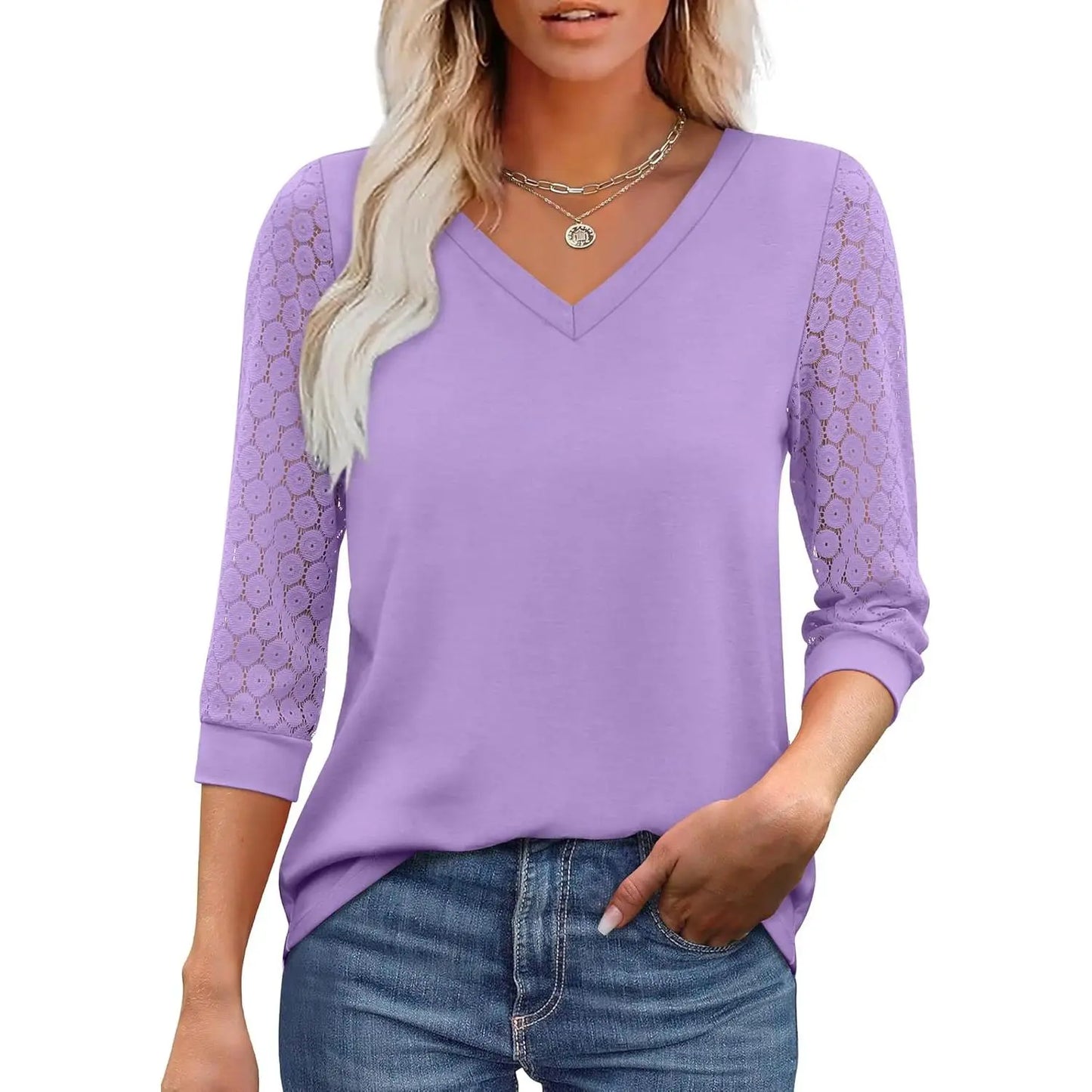 Women's 3/4 Sleeve Lace V-Neck Tunic Top – Elegant Business Casual Blouse