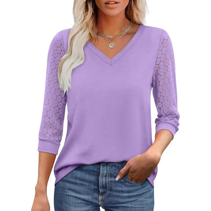 Women's 3/4 Sleeve Lace V-Neck Tunic Top – Elegant Business Casual Blouse