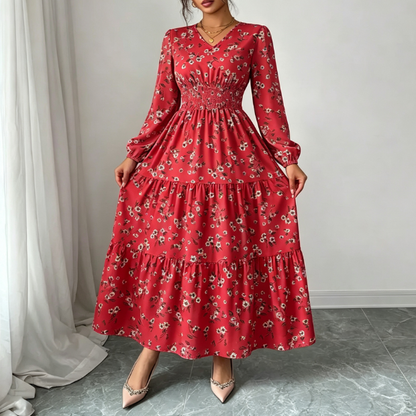 Spring and summer long-sleeve V-neck floral midi dress with elastic waist, layered ruffled hem, stylish and comfortable women's everyday wear