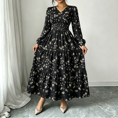 Spring and summer long-sleeve V-neck floral midi dress with elastic waist, layered ruffled hem, stylish and comfortable women's everyday wear