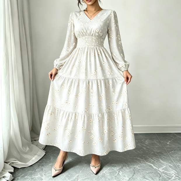 Spring and summer long-sleeve V-neck floral midi dress with elastic waist, layered ruffled hem, stylish and comfortable women's everyday wear