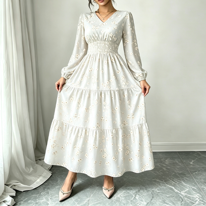 Spring and summer long-sleeve V-neck floral midi dress with elastic waist, layered ruffled hem, stylish and comfortable women's everyday wear