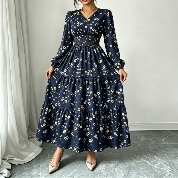 Spring and summer long-sleeve V-neck floral midi dress with elastic waist, layered ruffled hem, stylish and comfortable women's everyday wear