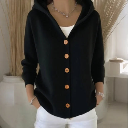 Women's Cozy Hooded Button-Up Knit Cardigan – Soft Casual Sweater