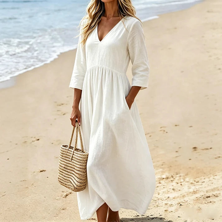 Women's V-Neck 3/4 Sleeve Maxi Dress