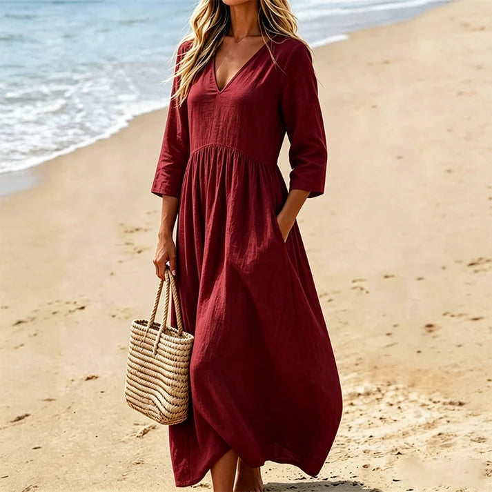 Women's V-Neck 3/4 Sleeve Maxi Dress