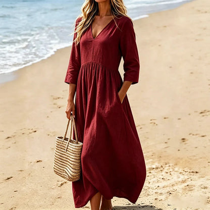 Women's V-Neck 3/4 Sleeve Maxi Dress