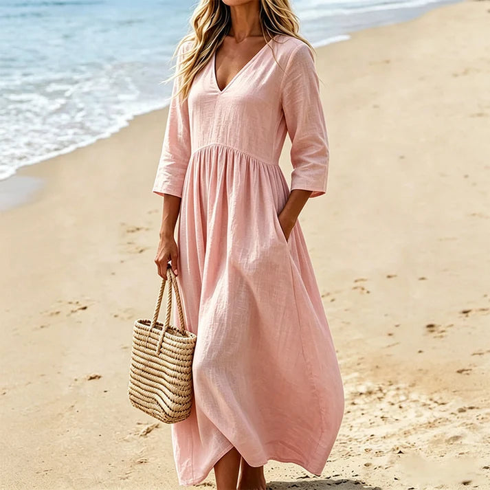 Women's V-Neck 3/4 Sleeve Maxi Dress