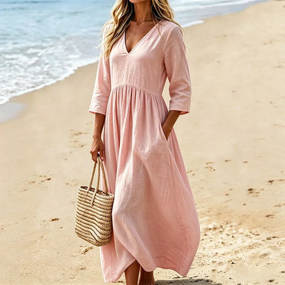 Women's V-Neck 3/4 Sleeve Maxi Dress