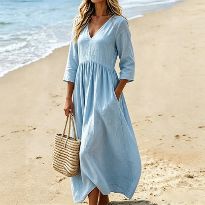 Women's V-Neck 3/4 Sleeve Maxi Dress
