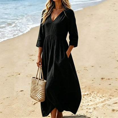 Women's V-Neck 3/4 Sleeve Maxi Dress