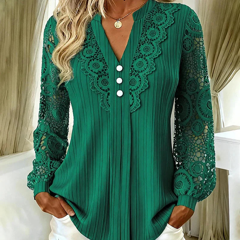 Women's Lace Patchwork V-Neck Long Sleeve Top