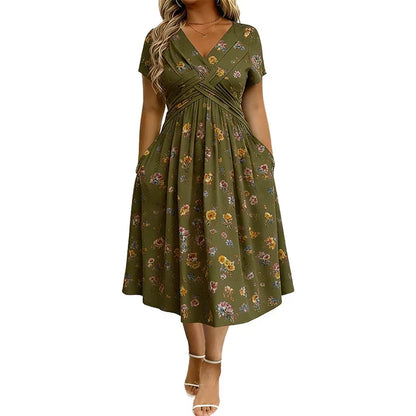 Floral V-neck dress with   a twist at the waist—   elegant and casual for   any occasion