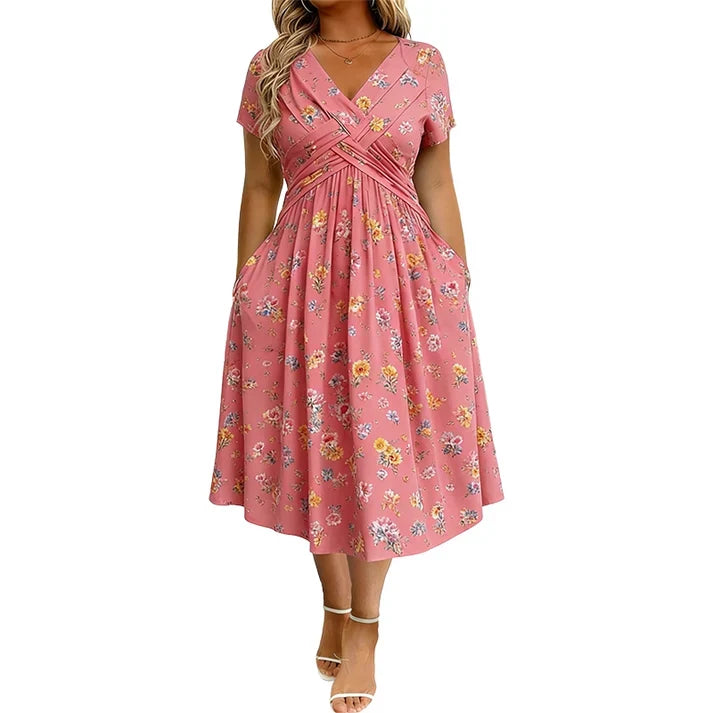 Floral V-neck dress with   a twist at the waist—   elegant and casual for   any occasion