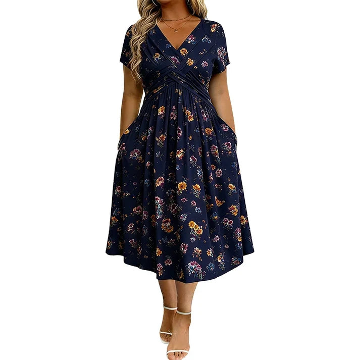 Floral V-neck dress with   a twist at the waist—   elegant and casual for   any occasion