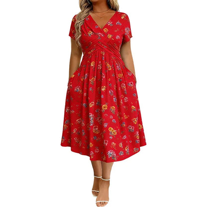 Floral V-neck dress with   a twist at the waist—   elegant and casual for   any occasion