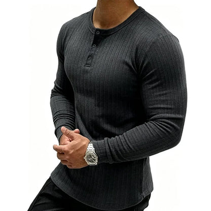 Men's Slim Fit Ribbed Henley Shirt | Long Sleeve Muscle Fit
