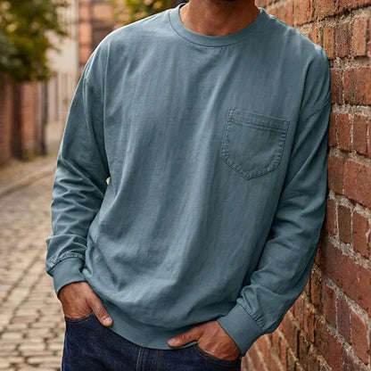 Men's Loose Fit Long Sleeve Pocket T-Shirt – Soft Cotton Blend Casual Tee for Everyday Wear